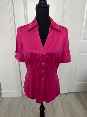 Cache Fuchsia Button-Front Short Sleeve Blouse
